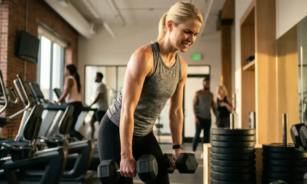 A fit woman strength training with weights, symbolizing physical empowerment and resilience.