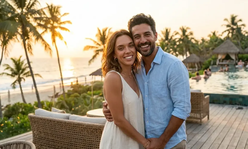 Alex Cooper and husband Matt Kaplan posing together happily.