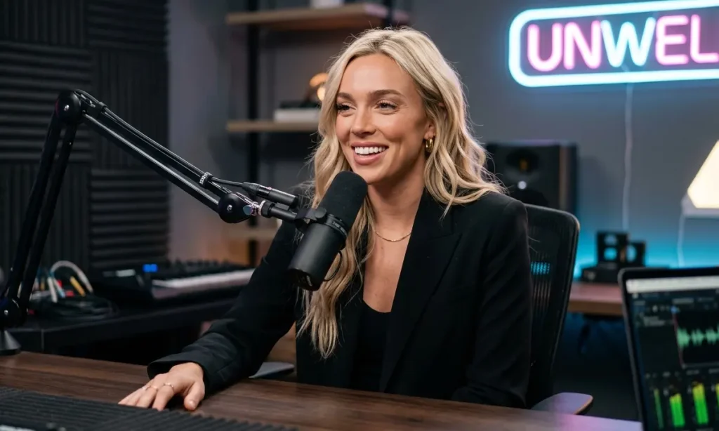 Alex Cooper hosting her Call Her Daddy podcast in a modern studio 2026.