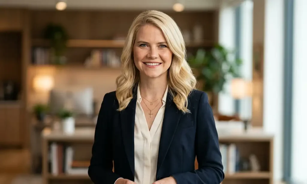 Professional and confident portrait of Elizabeth Smart as a public speaker and activist.