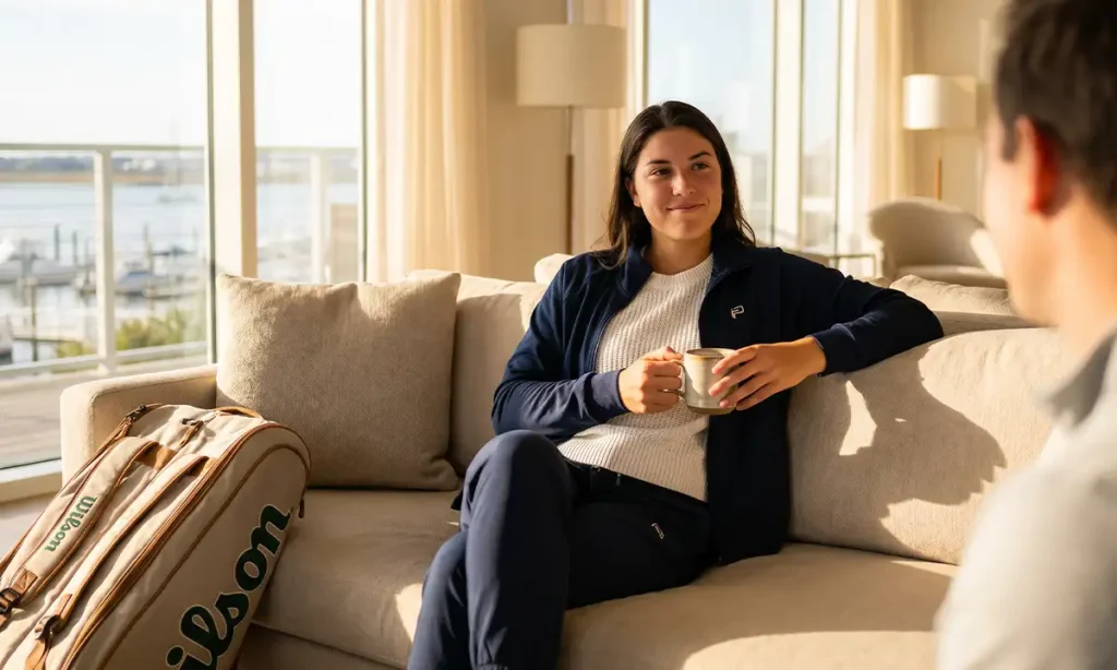 Emma Navarro balancing her professional tennis career with a grounded lifestyle despite her family's billionaire background.