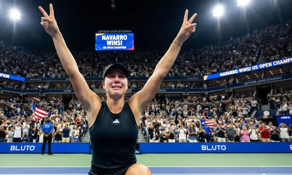 Emma Navarro celebrating a crucial match victory at a major Grand Slam tournament.