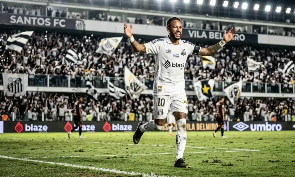 Neymar Jr celebrating a goal in Santos FC jersey 2026.