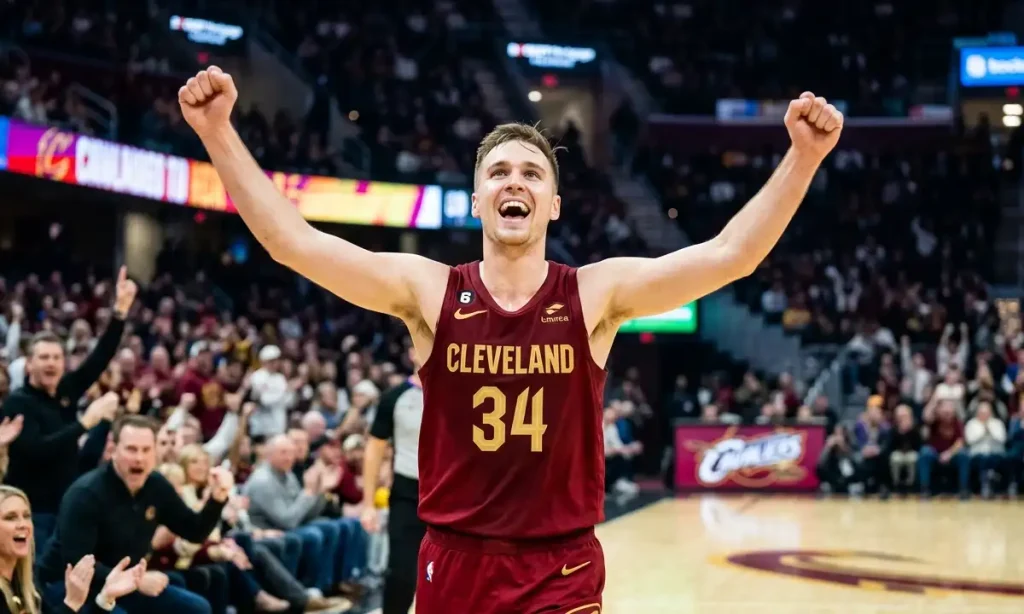 Sam Merrill Cleveland Cavaliers guard celebrating a three-pointer shot