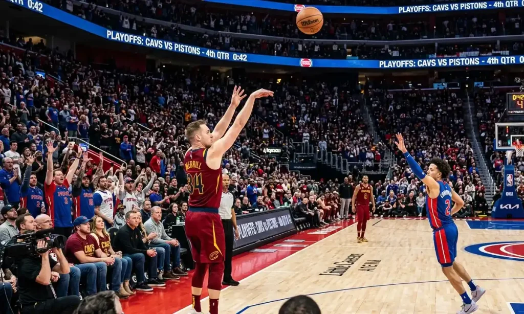 Sam Merrill shooting a three-pointer against Detroit Pistons in 2026 NBA Playoffs Game 7
