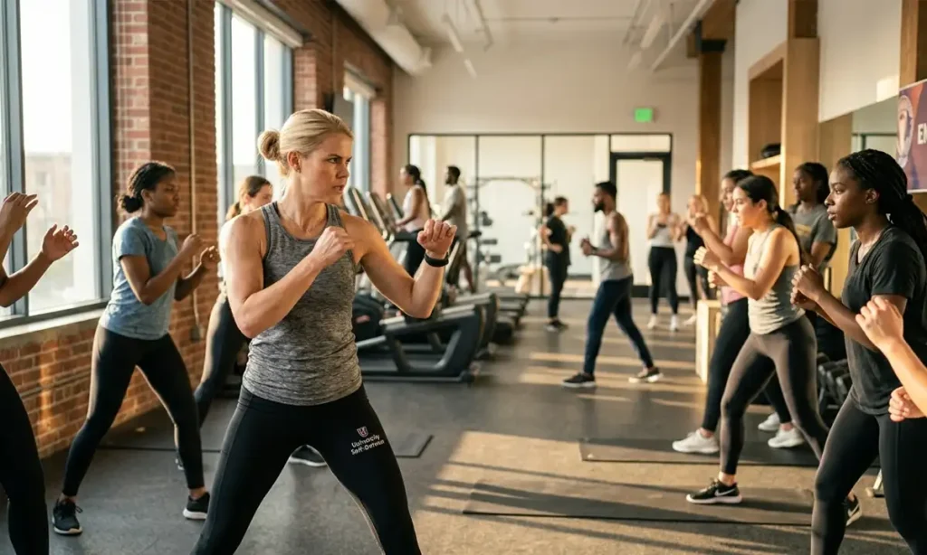 Women practicing self-defense techniques in a training seminar by the Elizabeth Smart Foundation.